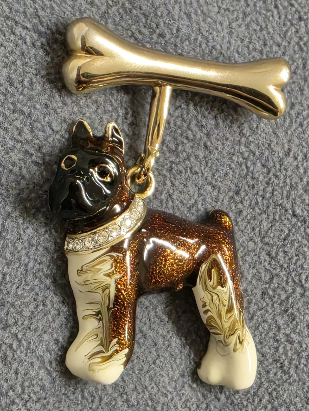 Schnauzer Dog Brooch Bone Dangle Gold Tone Brown Enamel Rhinestone Pin New